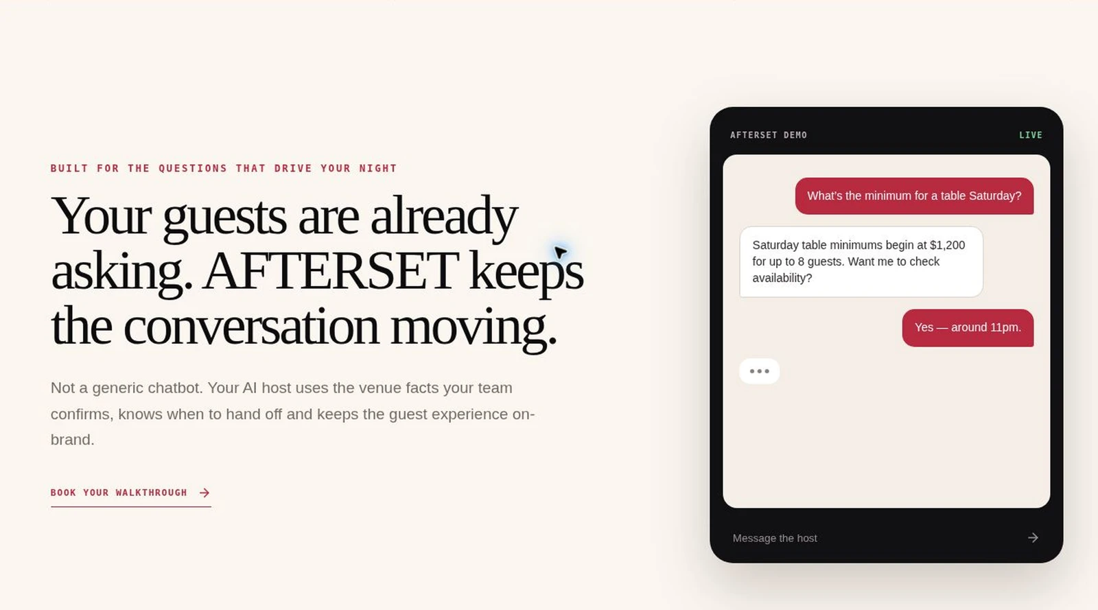 Afterset guest conversation demo with a table minimum question and response