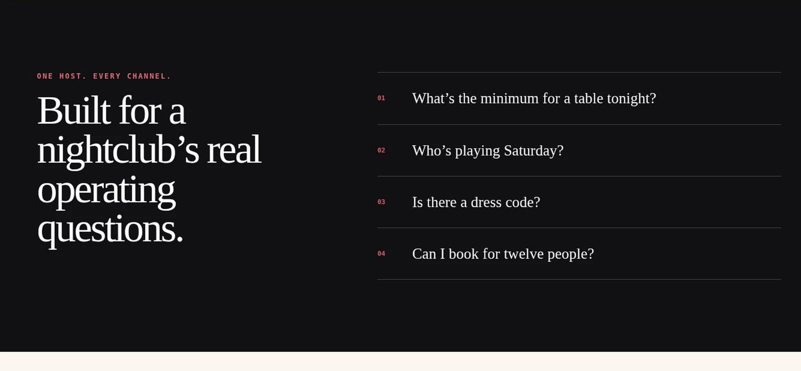 Afterset operating questions covering table minimums, DJs, dress code and group bookings