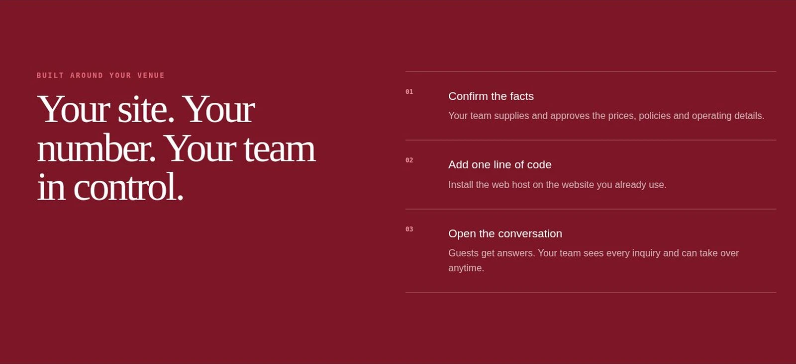 Afterset setup section: confirm venue facts, install the host, and open the conversation